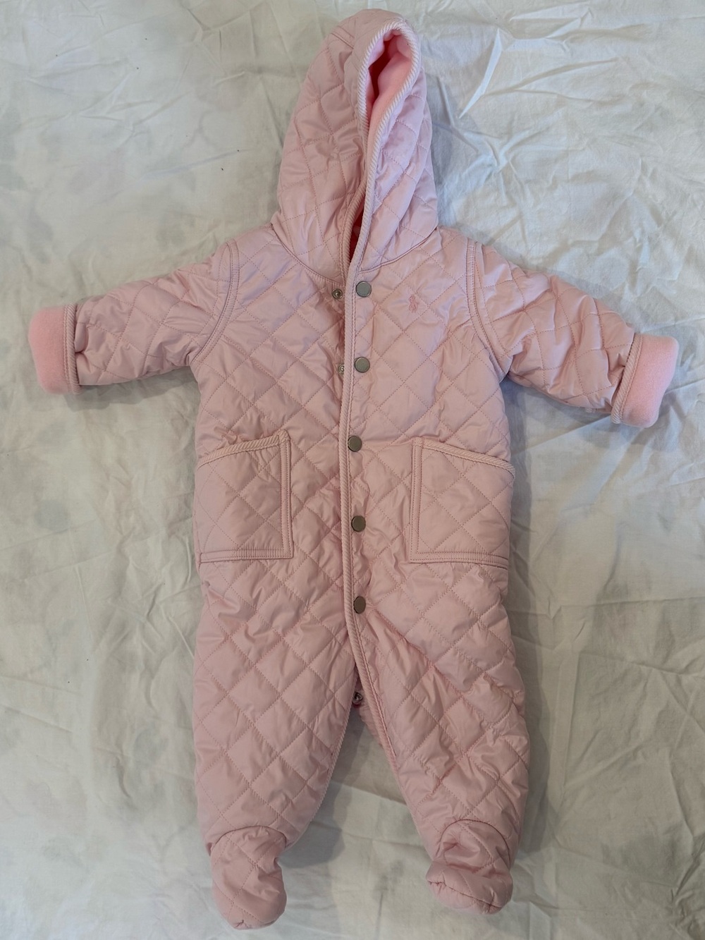 Ralph Lauren Light Pink Quilted Hooded Baby One-Piece